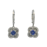SNJ Jewelers Solid 14kt White Gold 4-Leaf Clover Shaped Drop/Dangle Earrings with Center Sapphires and Round and Baguette Cut Diamonds
