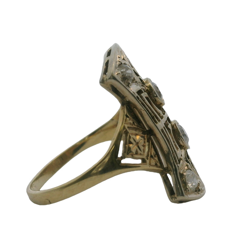 Antique C1900-1920 Early Art Deco Solid 14kt Yellow Gold Filigree Old European Diamond Cocktail Dinner Ring Size 5.5