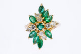 Vintage 1950-70s Diamond & Marquise Emerald Cocktail Cluster 14K 585 Yellow Gold Ring Size 7