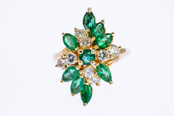 Vintage 1950-70s Diamond & Marquise Emerald Cocktail Cluster 14K 585 Yellow Gold Ring Size 7