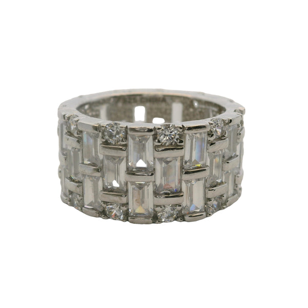 Anillo de eternidad de plata de ley 925 con circonitas cúbicas de corte baguette y redondo de 10,5 mm de grosor, talla 6