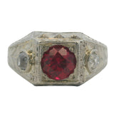 Antique 1920-30s Solid 14kt White Gold Lab Ruby and Old Mine Cut Diamond 3-Stone Ring Size 7.5