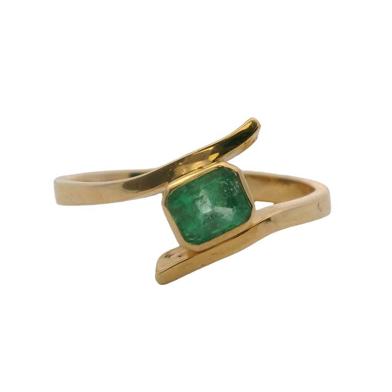 Rectangle Emerald Solitaire with 18kt Yellow Gold Bypass Shank Size 8