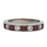Vintage Solid 14kt White Gold Diamond and Ruby Channel Set Half Eternity Band Ring Size 5