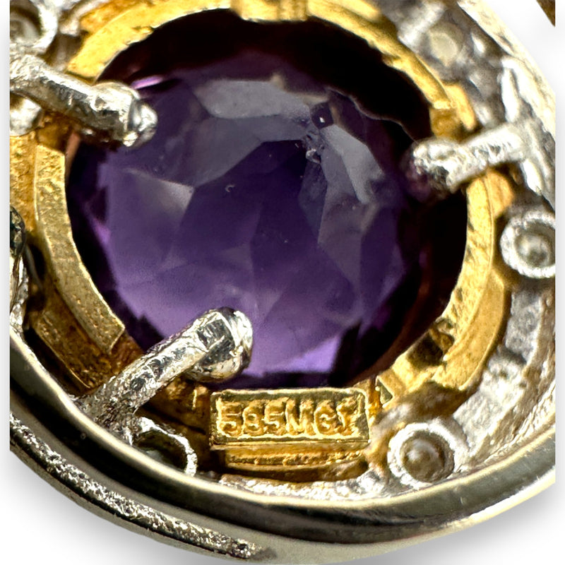 Vintage Golan Fine Crafts Two-Tone 14kt Gold Bezel Set Amethyst and Diamond Accent Snap Closure Dangle Earrings