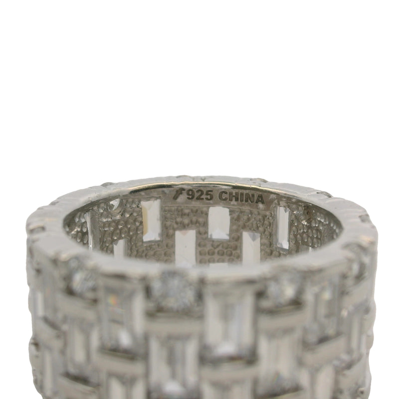 Anillo de eternidad de plata de ley 925 con circonitas cúbicas de corte baguette y redondo de 10,5 mm de grosor, talla 6