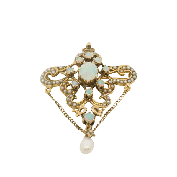 Vintage 1930-50s Victorian Revival Opal And Pearl Drop/Dangle Pendant/Brooch