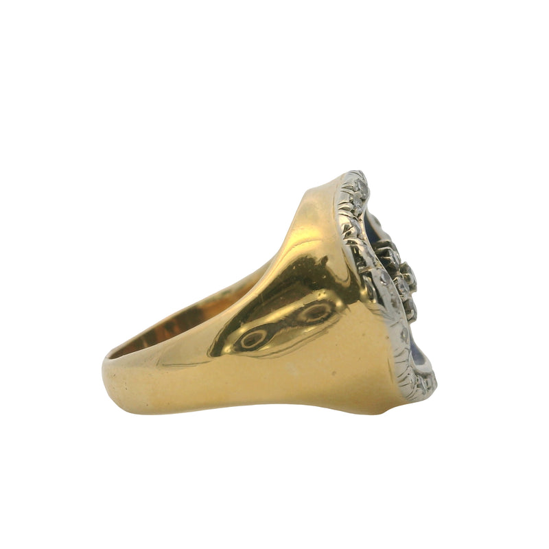 Antique Late Victorian Era 18kt 2-Tone Gold Diamond Cluster and Blue Enamel Circle Cocktail Ring Size 4