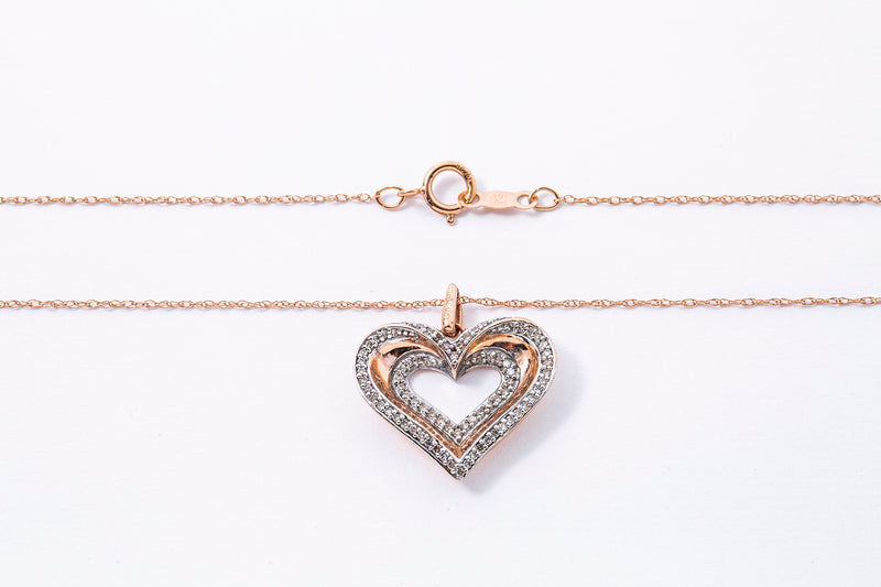 Diamond Pave Open Heart Charm 10K 417 Rose & White Gold Rope Necklace Pendant