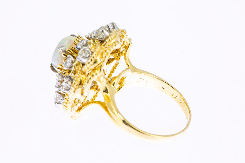 Vintage 1960-80s Opal & Diamond Cluster Rope Accent 14K 585 Yellow Gold Cocktail Ring Size 3 3/4