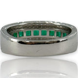 QCD Quality Color Design 14kt Solid White Gold Rhodium Plate Band with Princess Cut Emeralds and Accent Diamonds Size 7 Ring