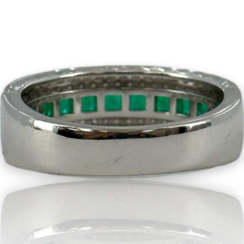QCD Quality Color Design 14kt Solid White Gold Rhodium Plate Band with Princess Cut Emeralds and Accent Diamonds Size 7 Ring