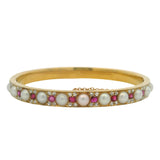 Antique Victorian Solid 18kt Yellow Gold Hinged 6.5" Bangle with Pearls, Rubies, and Diamonds