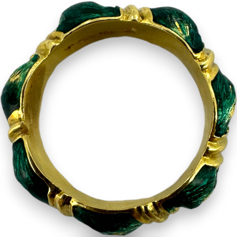 Vintage 1970-80s Victorian Revival Solid 18kt Yellow Gold and Blue-Green Enamel Twist Band Size 6.5 Ring
