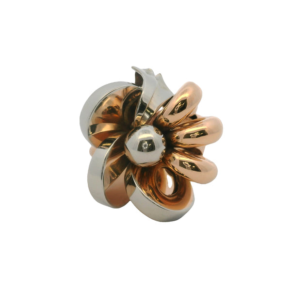 Vintage 1940-60s Solid 18kt White and Rose Gold Floral Ribbon Statement Ring Size 7
