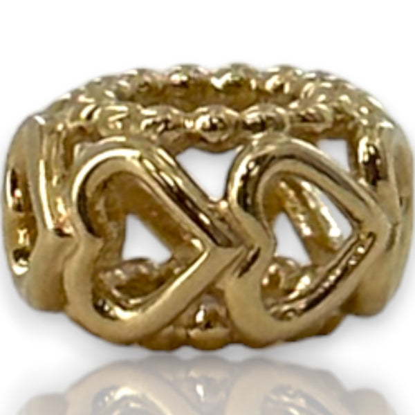 Charm separador "Suerte en el Amor" de oro macizo de 14 kt retirado de Pandora con corazones calados y detalles granulados (ALE 585)