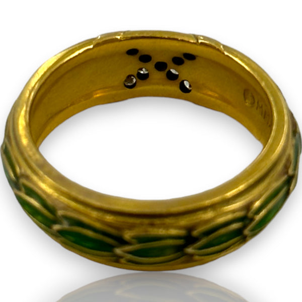 Metropolitan Museum of Art Forbes Collection 14kt Yellow Gold and Green Guilloche Enamel Ring Band With Diamond X