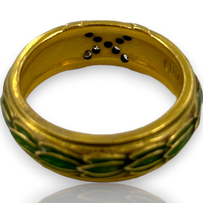 Metropolitan Museum of Art Forbes Collection 14kt Yellow Gold and Green Guilloche Enamel Ring Band With Diamond X