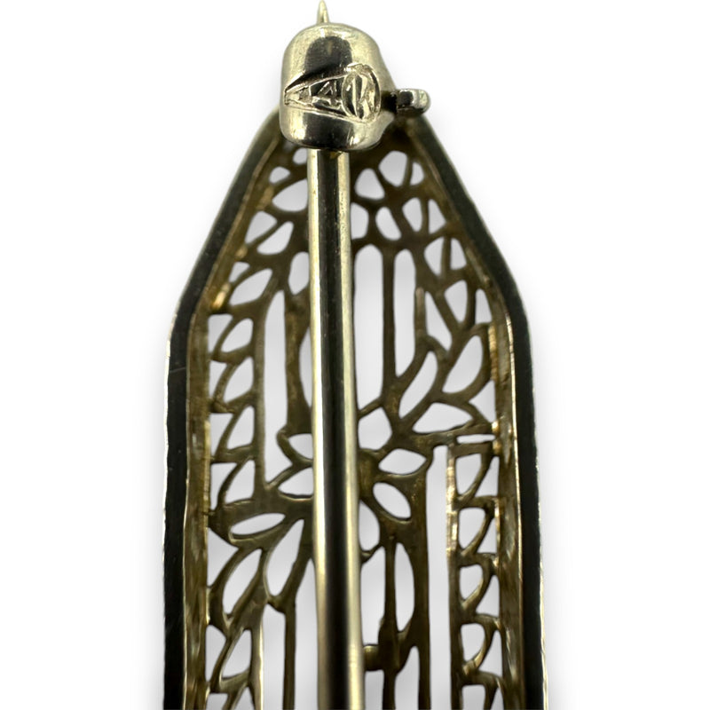 Antique 1920s 14kt White Gold Filigree Bar Brooch Pin with Floral Motif