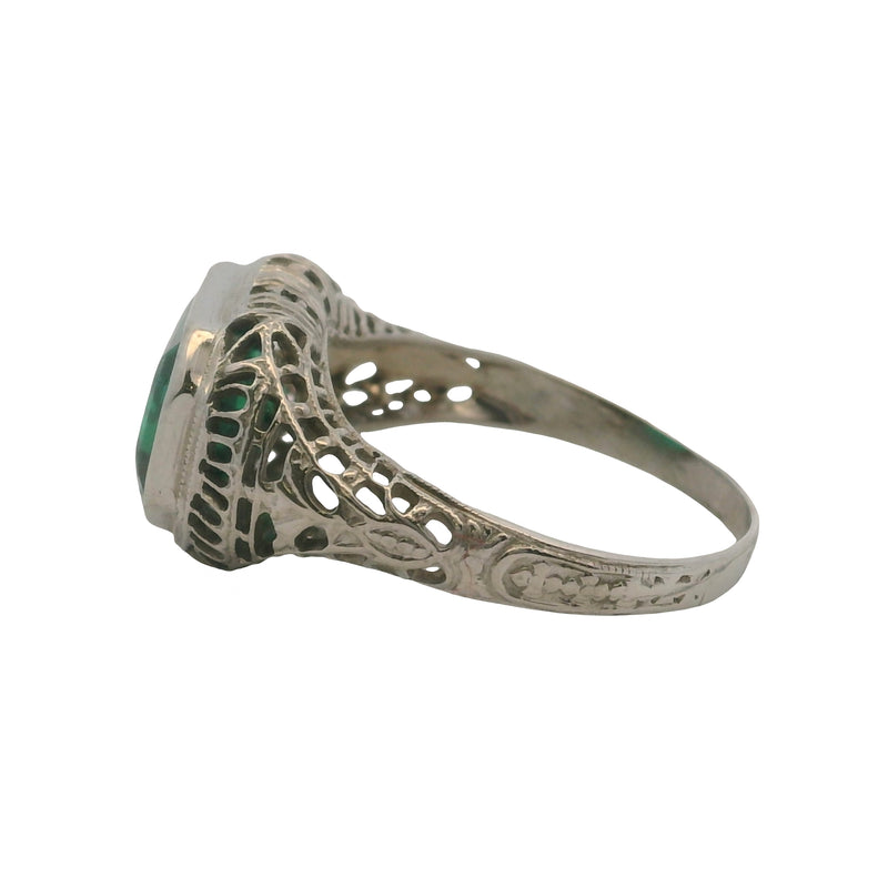 Antique 1920s Art Deco 14kt White Gold and Green Glass Filigree Cocktail Ring Size 6