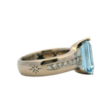 Vintage Solid 18kt White Gold Emerald Cut 2.64ct Blue Topaz and Diamond Cocktail Ring Size 6