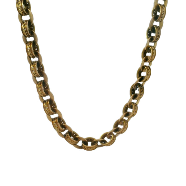 Antique Victorian Rare 1850-80s Solid 9kt Rose Gold 22" Fancy Link Book Chain Necklace with Dual Spring Ring Clasps