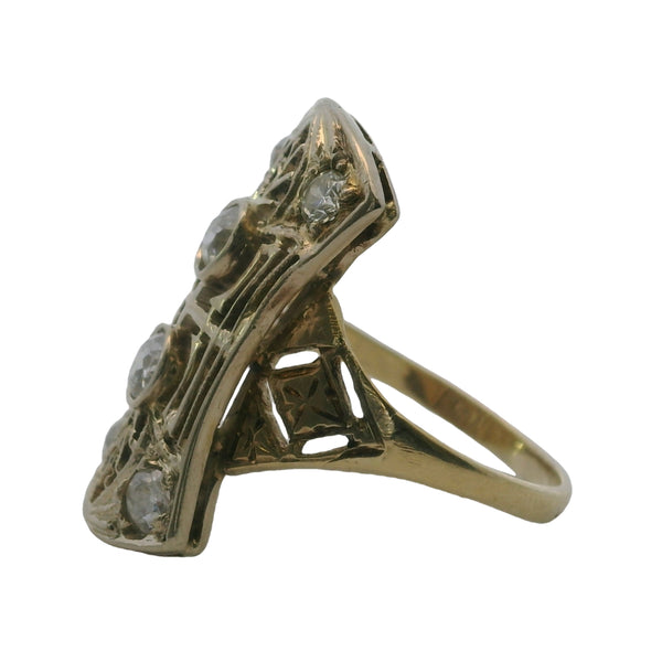 Antique C1900-1920 Early Art Deco Solid 14kt Yellow Gold Filigree Old European Diamond Cocktail Dinner Ring Size 5.5