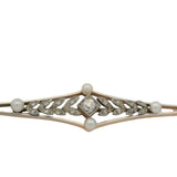 Antique Edwardian Solid 14kt 2-Tone Gold, Old Euro Diamond, and Pearl 3" Bar Pin Brooch