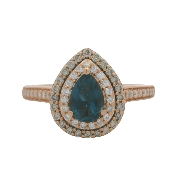 LeVian Solid 14kt Rose Gold Pear Cut Blue Topaz and Diamond Double Halo Ring Size 7