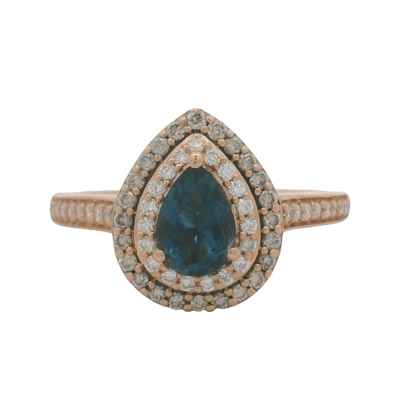 LeVian Solid 14kt Rose Gold Pear Cut Blue Topaz and Diamond Double Halo Ring Size 7