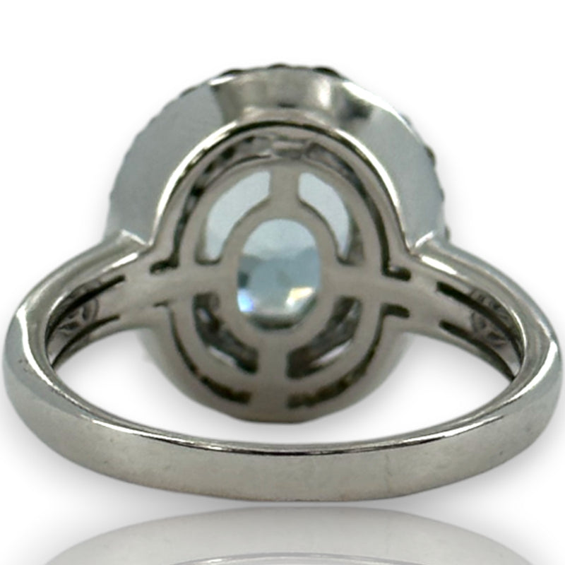 LeVian 14kt Solid White Gold and Sea Blue Aquamarine Ring with Double Halo of Champagne and White Vanilla Diamonds Size 7.5