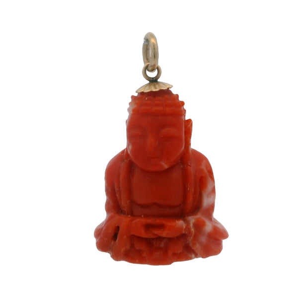 Genuine Carved Coral and 14kt Yellow Gold Meditation Pose Detailed Buddha 1.2" Long Pendant