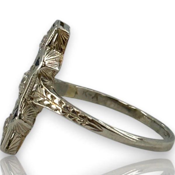 Antique 1910-20s Early Art Deco 18kt White Gold, Natural Old Mine Diamond, and Lab Sapphire Dinner Ring with Openwork Milgrain Detail Size 6.5