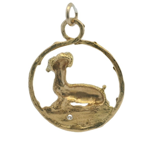 Vintage Merrin Solid 18kt Yellow Gold and Diamond Aries Zodiac Ram Astrology Pendant
