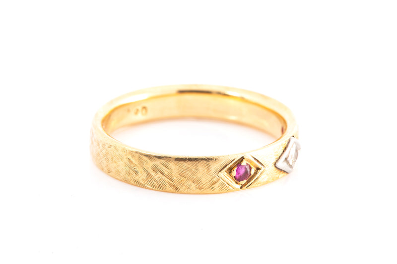 Antique Diamond & Ruby Sateen Finished 14k 585 Yellow Gold Band Ring Size 8