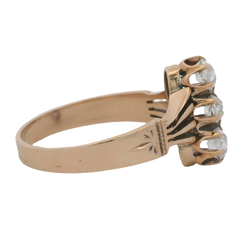 Antique Mid-Victorian Era Solid 14kt Rose Gold 3-Stone VS2 Old Mine Diamonds Ring Size 7