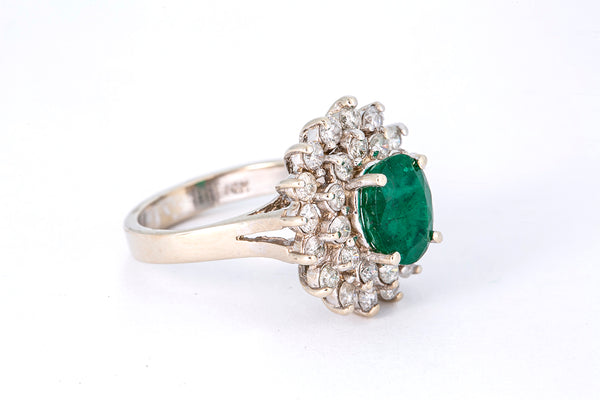 Vintage 1960-80s Solid 14kt White Gold Oval Prong-Set Emerald Cocktail Ring with Double Halo of Diamonds Size 6.5