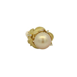 c1960-80s 18kt Yellow Gold 11.6mm South Sea Golden Pearl and Diamonds Leaf Motif Cocktail Ring Size 6