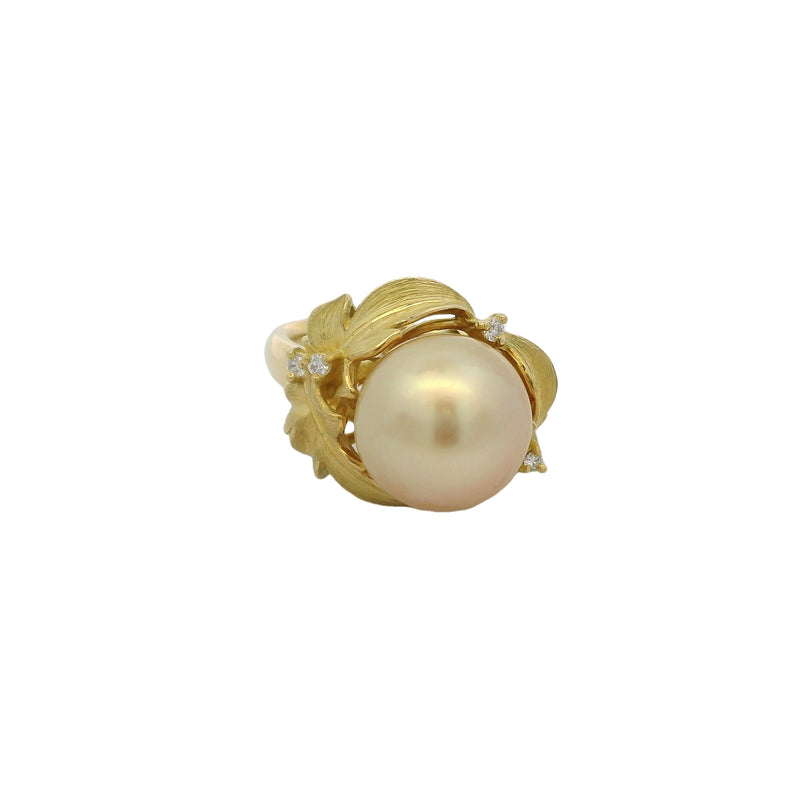 c1960-80s 18kt Yellow Gold 11.6mm South Sea Golden Pearl and Diamonds Leaf Motif Cocktail Ring Size 6