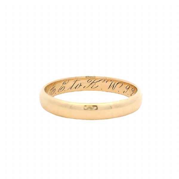 Antique 1933 Solid 14kt Yellow Gold 3.5mm Wide Band Ring with Interior Inscription "AE to KW 9-28-33" Size 8