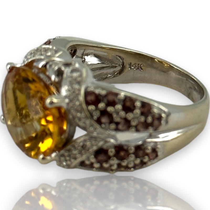 14kt Solid White Gold Cocktail Ring with Large Citrine, Diamonds, and Tourmaline Sides Size 6