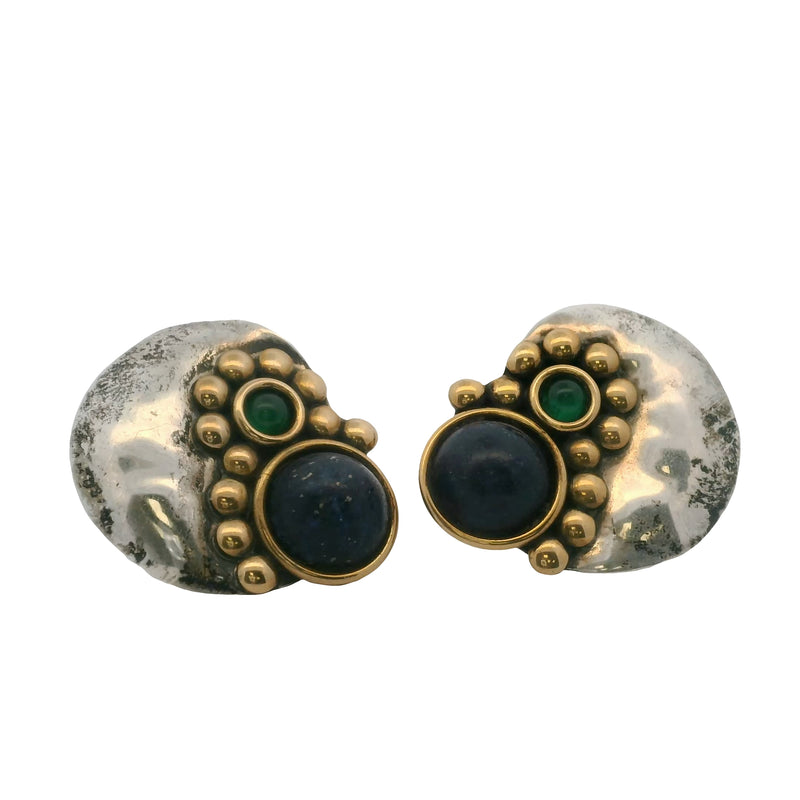 Louis Booth 925 Sterling Silver and Brass 28mm Earrings with Sodalite and Green Onyx Cabochons