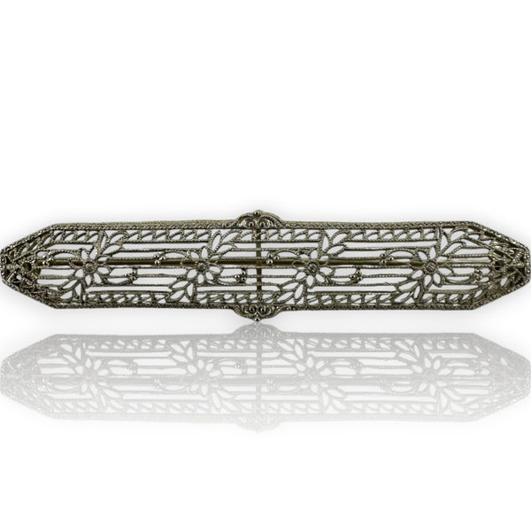 Antique 1920s 14kt White Gold Filigree Bar Brooch Pin with Floral Motif