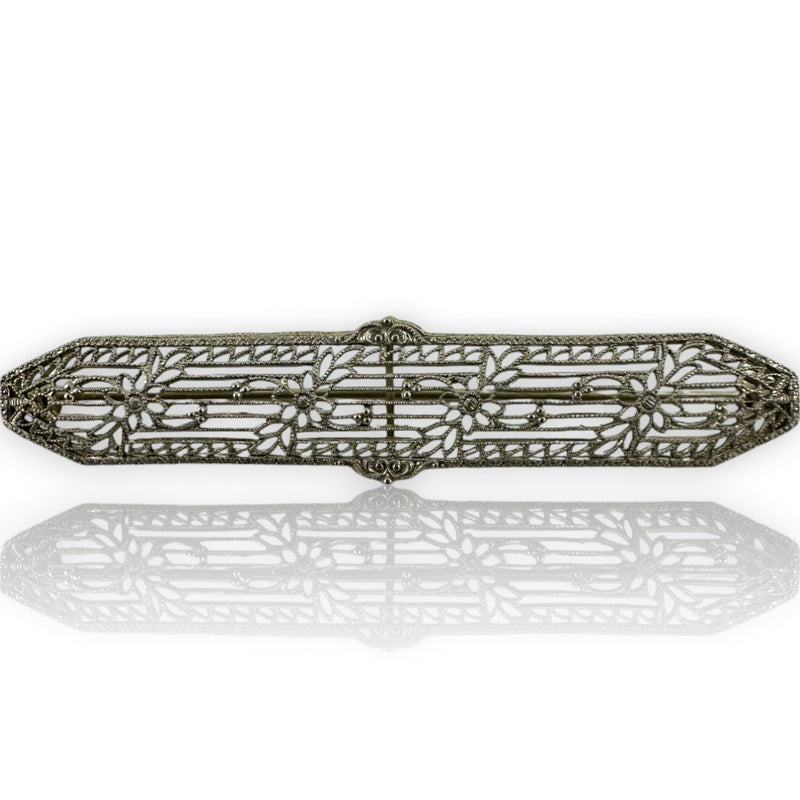 Antique 1920s 14kt White Gold Filigree Bar Brooch Pin with Floral Motif