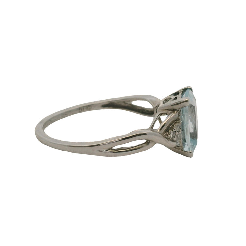10kt White Gold Rectangle Cushion Cut Aquamarine Solitaire and Accent Diamond Ring Size 7 Made In India