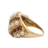 Vintage Solid 14kt Yellow Gold Garnet and Pearl Striped Cluster Cocktail Ring