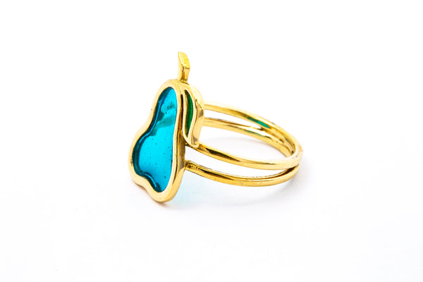 Acrylic Pear Shape Fruit Motif 18k 750 Yellow Gold Ring Size 6