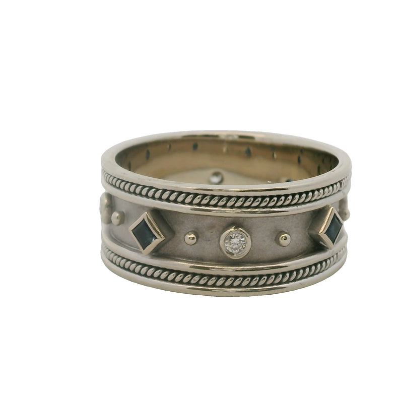 Solid 14kt White Gold Diamond and Sapphire 10mm Wide Rope Detail Band Ring Size 11