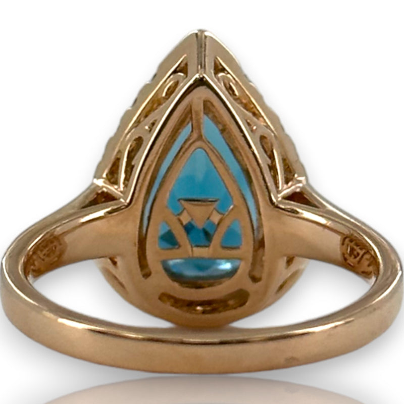 LeVian Signed Solid 14kt Strawberry Rose Gold and Pear Shaped Deep Sea Blue Topaz Ring with Diamond Halo Size 6.75