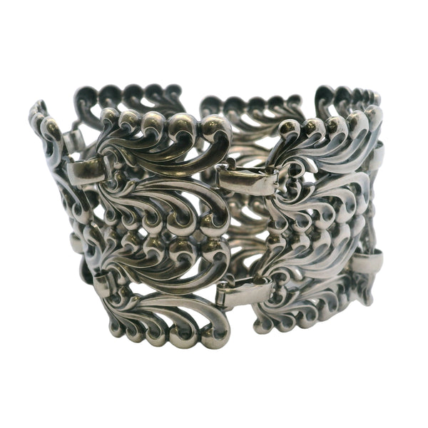 Vintage Danecraft 925 Sterling Silver 1.9" Wide Swirl Floral Double Panel 7.25" Bracelet
